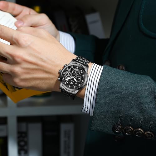 Gosasa Luxury Hollowed Men's Watches Diamonds Chronography High Grade Fashion Watch for Men Stainless Steel Calendar Luminous Quartz Waterproof Business Male Wristwatch (Black Black) - Image 3