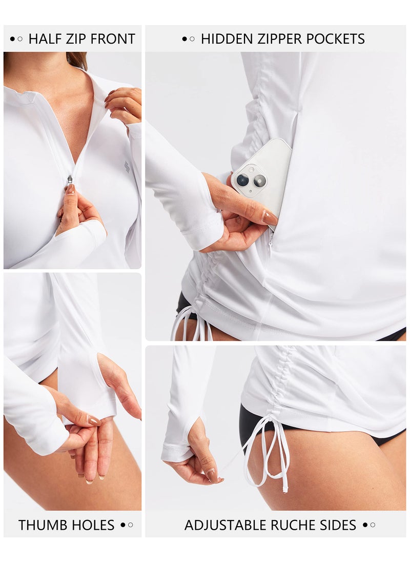 Soothfeel Soothfeel Women's Long Sleeve UV Sun Protection Rash Guard Shirts UPF 50+ Swim Shirt Swimsuits Top for Women with Zip Pockets White  - Image 4