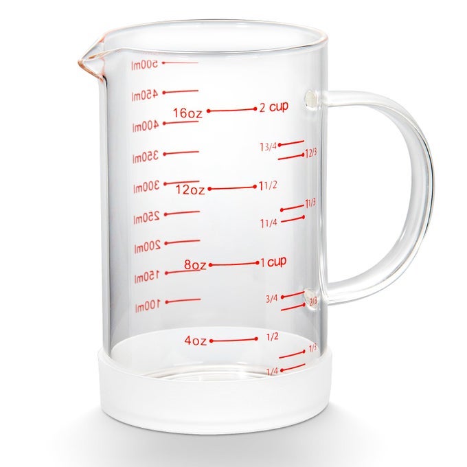 2 CUP GLASS MEASURING CUP WITH HANDLE HIGH BOROSILICATE GLASS MEASURING CUP WITH VSHAPED AND THREE SCALES CUP OZ ML GLASS LIQUID BEAKER WITH SILICONE BASE DOUBLESIDED MEASURE SCALES