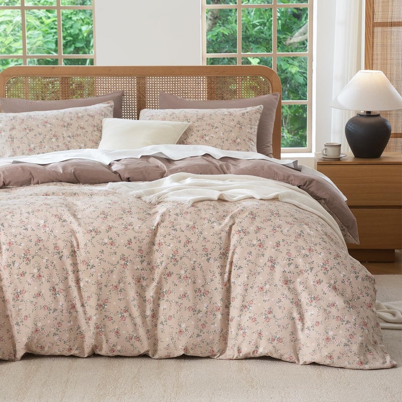 Jane yre King Duvet Cover Floral Soft Brushed Microfiber Crinkle Gauze 3 Pieces Floral Bedding Set Garden Style Vintage Flower King Duvet Cover, with Zipper Closure Luxury Breathable Comfy - Image 1