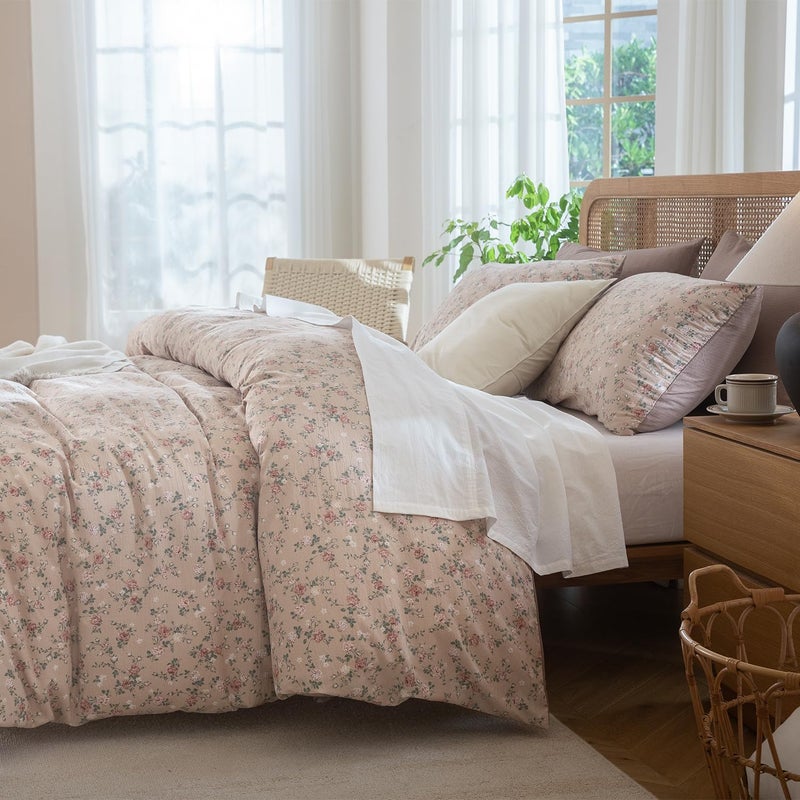 Jane yre King Duvet Cover Floral Soft Brushed Microfiber Crinkle Gauze 3 Pieces Floral Bedding Set Garden Style Vintage Flower King Duvet Cover, with Zipper Closure Luxury Breathable Comfy - Image 5