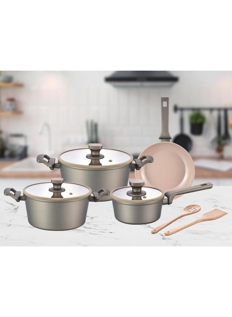 Orchid Premium Aluminium Cookware Set with Ceramic Coating, Pots & Pans Set, Casseroles & Fry Pan Set with Lids, Non-Stick Cooking Set for Gas, Kitchen Cookware Set, Cooking Untensils Set - Image 1