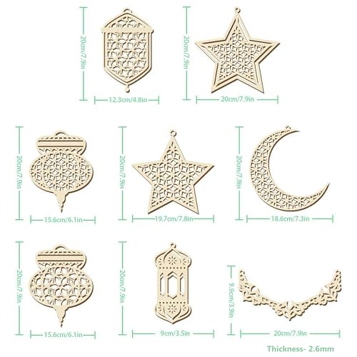 Cliths Set of 8 Ramadan Decorations Wooden Hanging Ornaments for Eid Mubarak Islamic Home Decor Crescent Moon, Star, Lantern Eid Festival Decorations Car, Window, Door Hanging - Image 2