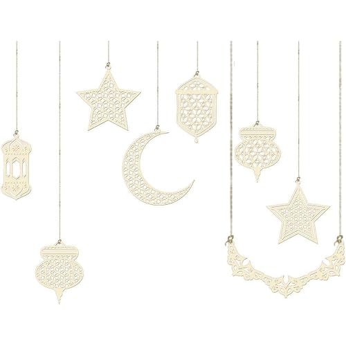 Cliths Set of 8 Ramadan Decorations Wooden Hanging Ornaments for Eid Mubarak Islamic Home Decor Crescent Moon, Star, Lantern Eid Festival Decorations Car, Window, Door Hanging - Image 3