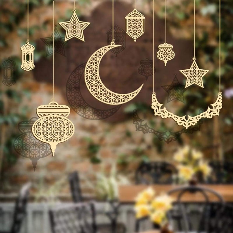Cliths Set of 8 Ramadan Decorations Wooden Hanging Ornaments for Eid Mubarak Islamic Home Decor Crescent Moon, Star, Lantern Eid Festival Decorations Car, Window, Door Hanging - Image 4