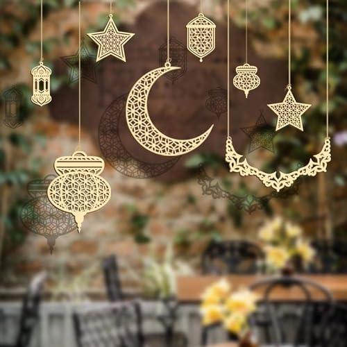 Cliths Set of 8 Ramadan Decorations Wooden Hanging Ornaments for Eid Mubarak Islamic Home Decor Crescent Moon, Star, Lantern Eid Festival Decorations Car, Window, Door Hanging - Image 1