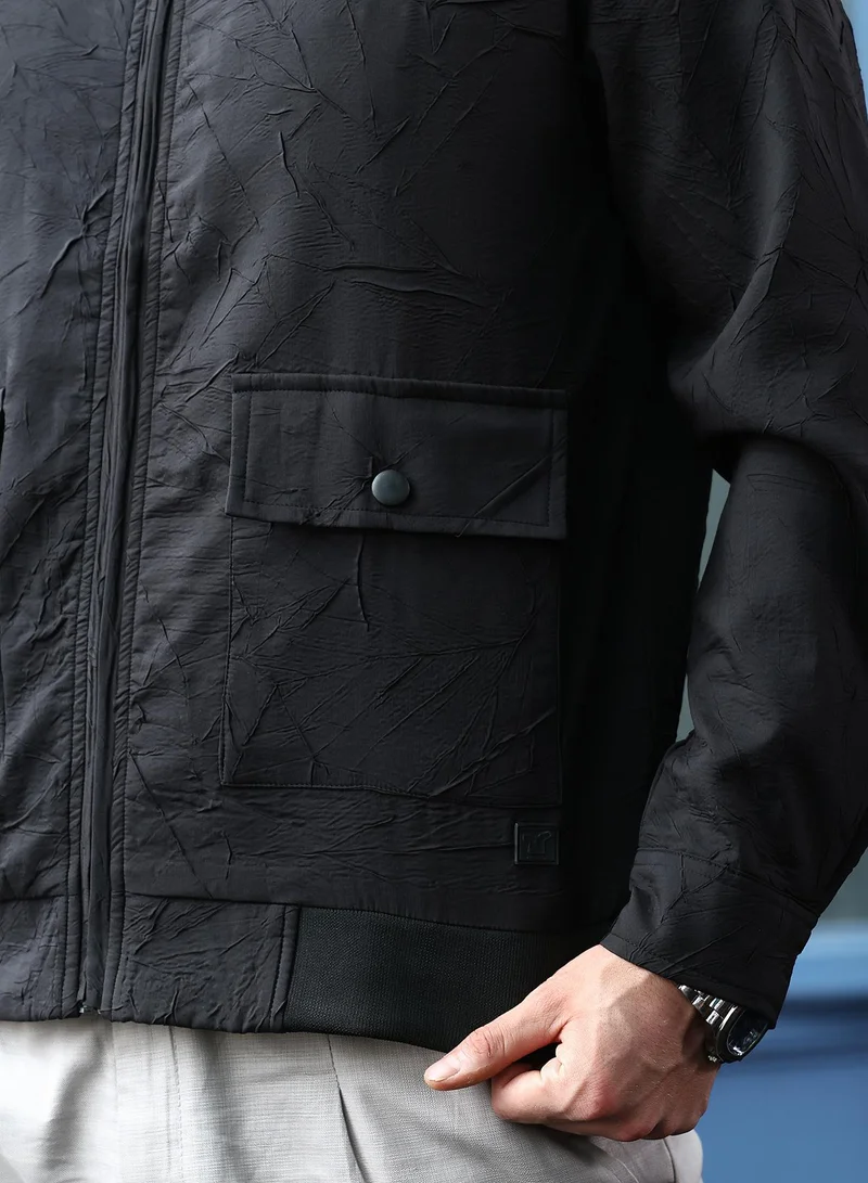 CAHOOT  Men's Onyx Black Zip-Front Foliage-Tactile Bomber Jacket for Men | Best Price UAE