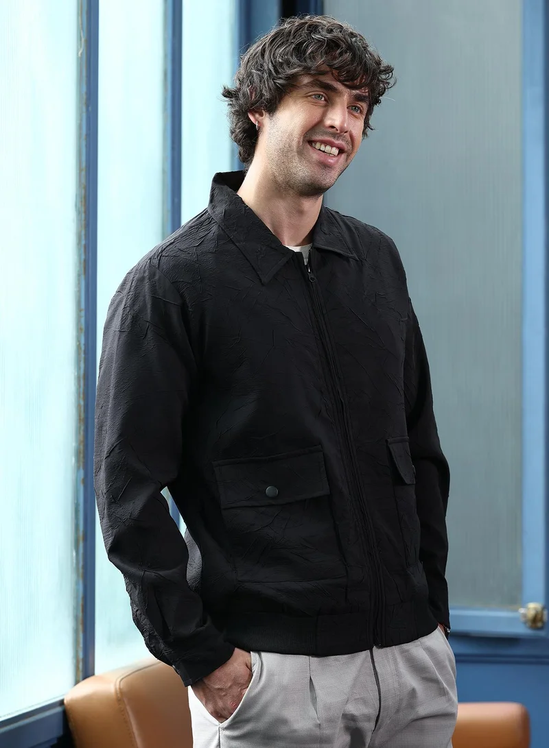 CAHOOT  Men's Onyx Black Zip-Front Foliage-Tactile Bomber Jacket for Men | Best Price UAE