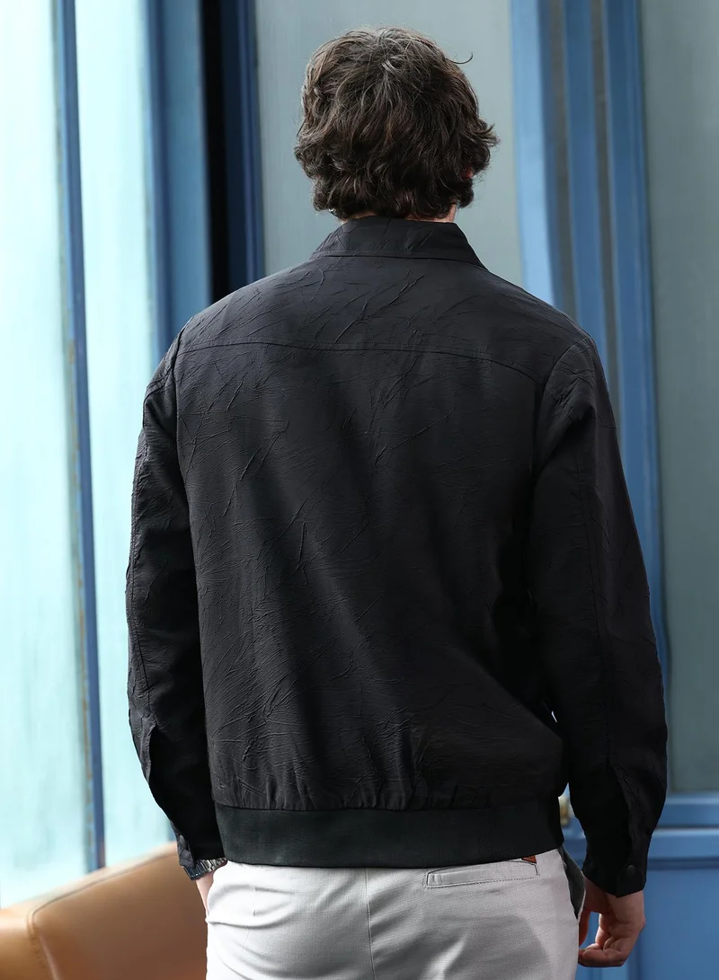 CAHOOT  Men's Onyx Black Zip-Front Foliage-Tactile Bomber Jacket for Men | Best Price UAE
