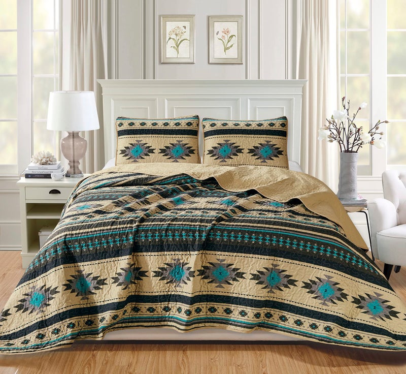 Chezmoi Collection Chezmoi Collection 2Piece Southwestern Geometric Tribal Quilt Set  Multicolor Teal Beige Black Gray Lightweight Quilted Bedspread Set Twin 70 x 90 