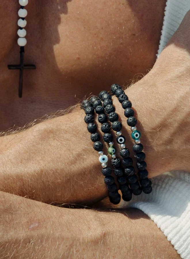 كريسوستوموس سوار يدوي أزرق للرجال بحجر اللافا والعين الشريرة