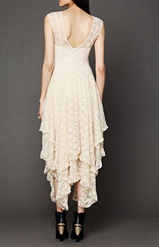 R.Vivimos Womens Sleeveless Backless Asymmetrical Layered Lace Long Dress with Slip Two Pieces (Medium, Beige) - Image 2