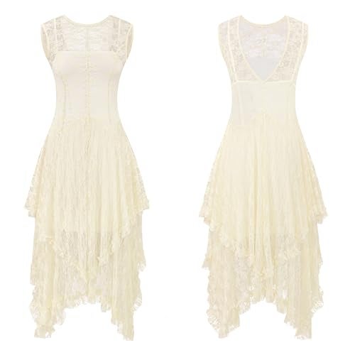R.Vivimos Womens Sleeveless Backless Asymmetrical Layered Lace Long Dress with Slip Two Pieces (Medium, Beige) - Image 5