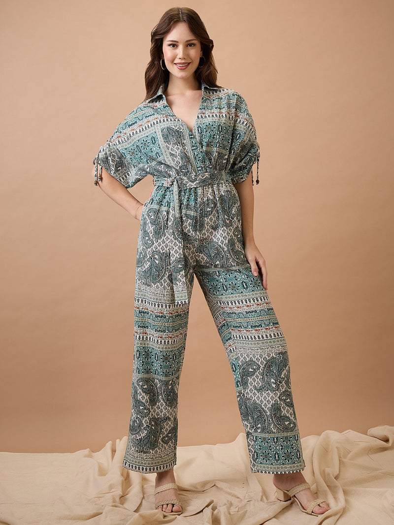 globus Globus Women Collared Neck Ruched Extended Sleeves Waist Tie-Ups Long Line Fusion Jumpsuit - Image 1