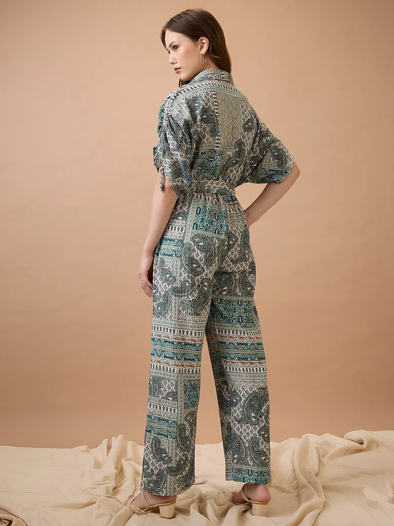 globus Women Collared Neck Ruched Extended Sleeves Waist Tie-Ups Long Line Fusion Jumpsuit