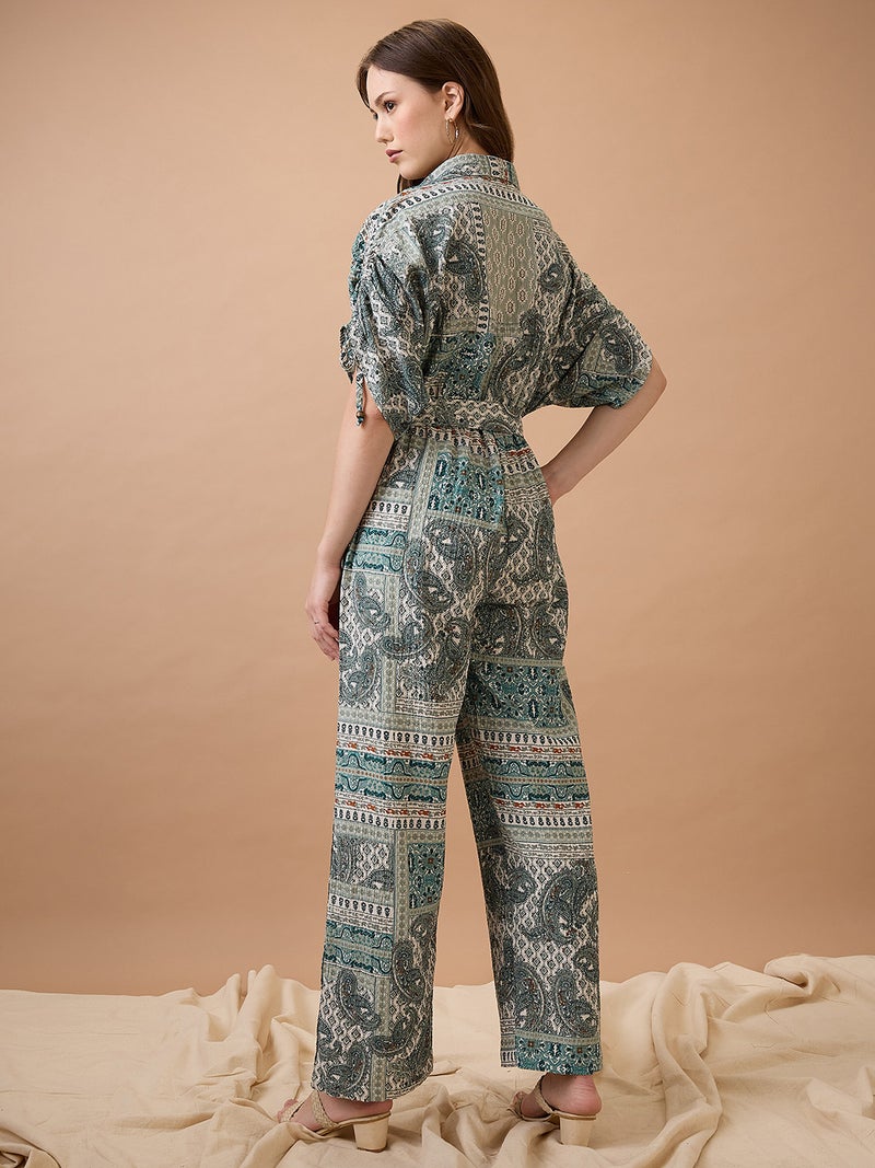 globus Globus Women Collared Neck Ruched Extended Sleeves Waist Tie-Ups Long Line Fusion Jumpsuit - Image 3