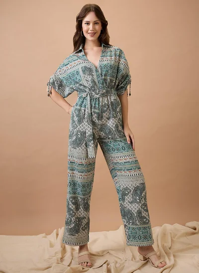 globus Globus Women Collared Neck Ruched Extended Sleeves Waist Tie-Ups Long Line Fusion Jumpsuit