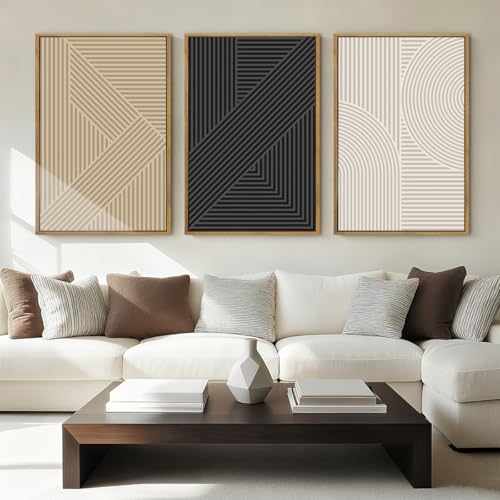 BINCUE Neutral Abstract Wall Art Mid Century Modern Wall Paintings Boho Artwork Geometric Wall Pictures Abstract Black Wall Decor Modern Neutral Art Prints for Living Room Bedroom Bathroom Office 16x24 Inch 3 Piece - Image 1