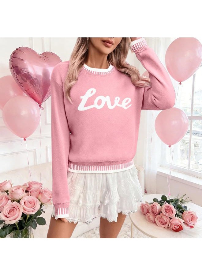 LUKYCILD Valentines Sweater Women Love Heart Sweatshirt Valentine Day Love Sweaters Cute Knitted Long Sleeve Pullover Tops, Pink, L - Image 5