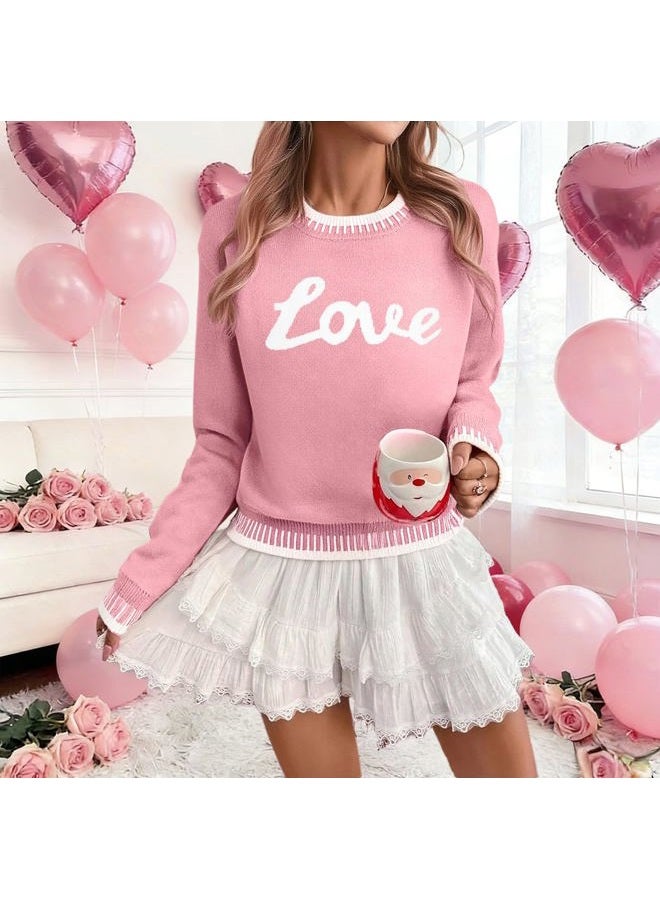 LUKYCILD Valentines Sweater Women Love Heart Sweatshirt Valentine Day Love Sweaters Cute Knitted Long Sleeve Pullover Tops, Pink, L - Image 3
