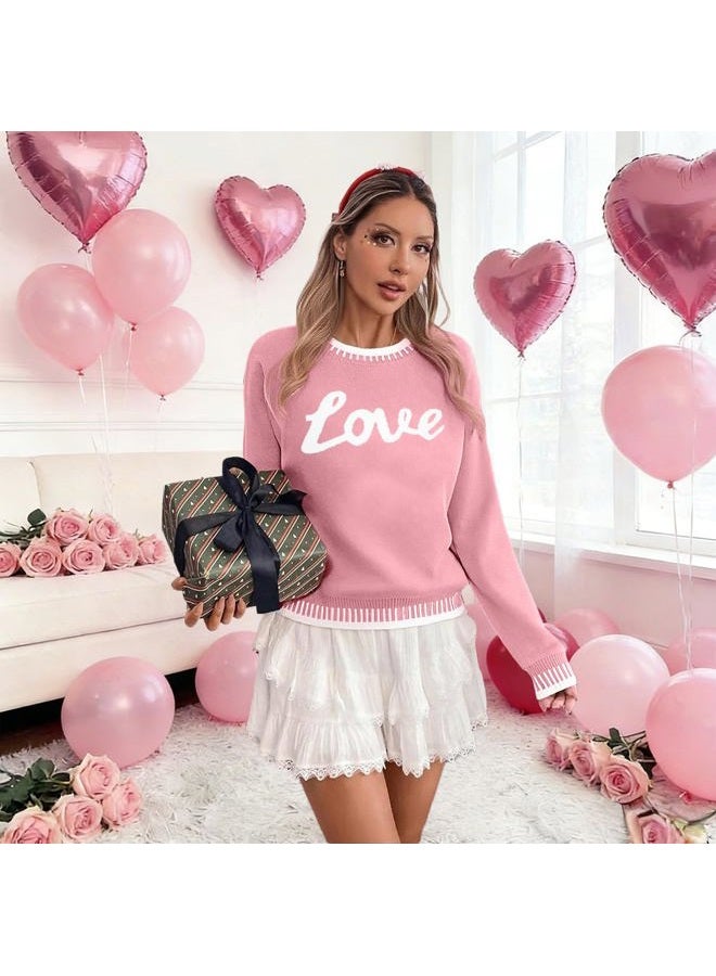 LUKYCILD Valentines Sweater Women Love Heart Sweatshirt Valentine Day Love Sweaters Cute Knitted Long Sleeve Pullover Tops, Pink, L - Image 2