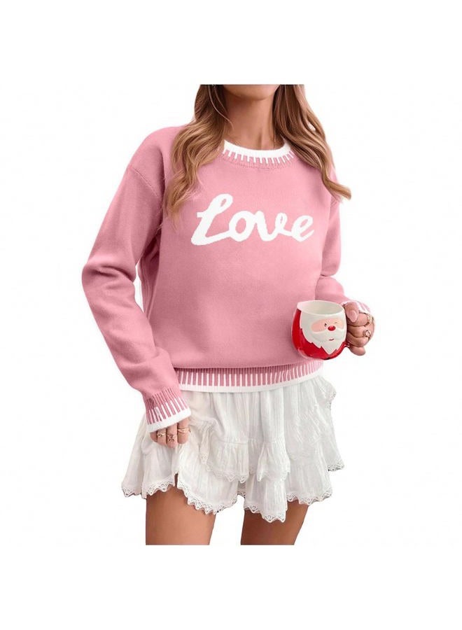 LUKYCILD Valentines Sweater Women Love Heart Sweatshirt Valentine Day Love Sweaters Cute Knitted Long Sleeve Pullover Tops, Pink, L - Image 1