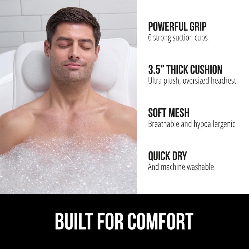 GORILLA GRIP Bath Pillow for Tub, Strong Suction Cups, Mesh FlexComfort Technology Headrest, Neck, Head and Back Support, Luxury Machine Wash Pillows, Bathtub Accessories, Spa Gifts for Women, White - Image 2