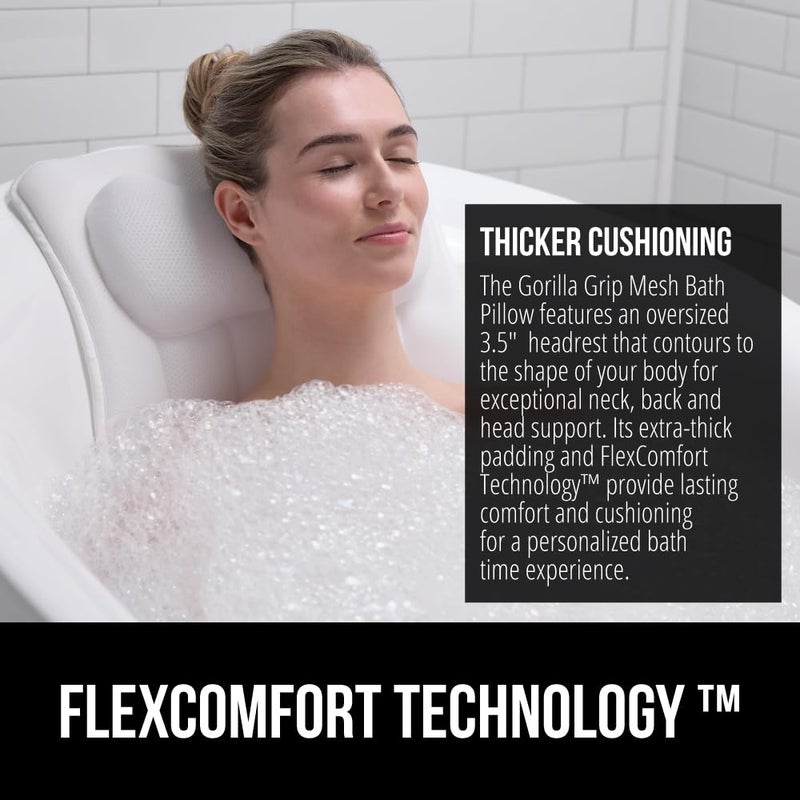 GORILLA GRIP Bath Pillow for Tub, Strong Suction Cups, Mesh FlexComfort Technology Headrest, Neck, Head and Back Support, Luxury Machine Wash Pillows, Bathtub Accessories, Spa Gifts for Women, White - Image 3