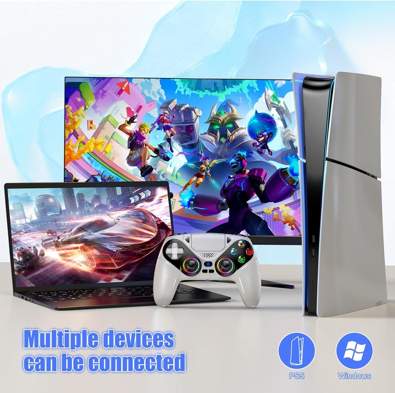 Gamrombo جهاز تحكم لاسلكي من بتقنية LED لجهاز PS5، متوافق مع PS5 Pro/Slim/PC، يدعم الاهتزاز المزدوج، ويحتوي على وظائف "Macro" و"Turbo"، ومنفذ صوتي بحجم 3.5 مم، ووحدة تحكم بستة محاور مزودة بمكبر صوت (لون أبيض). - Image 2