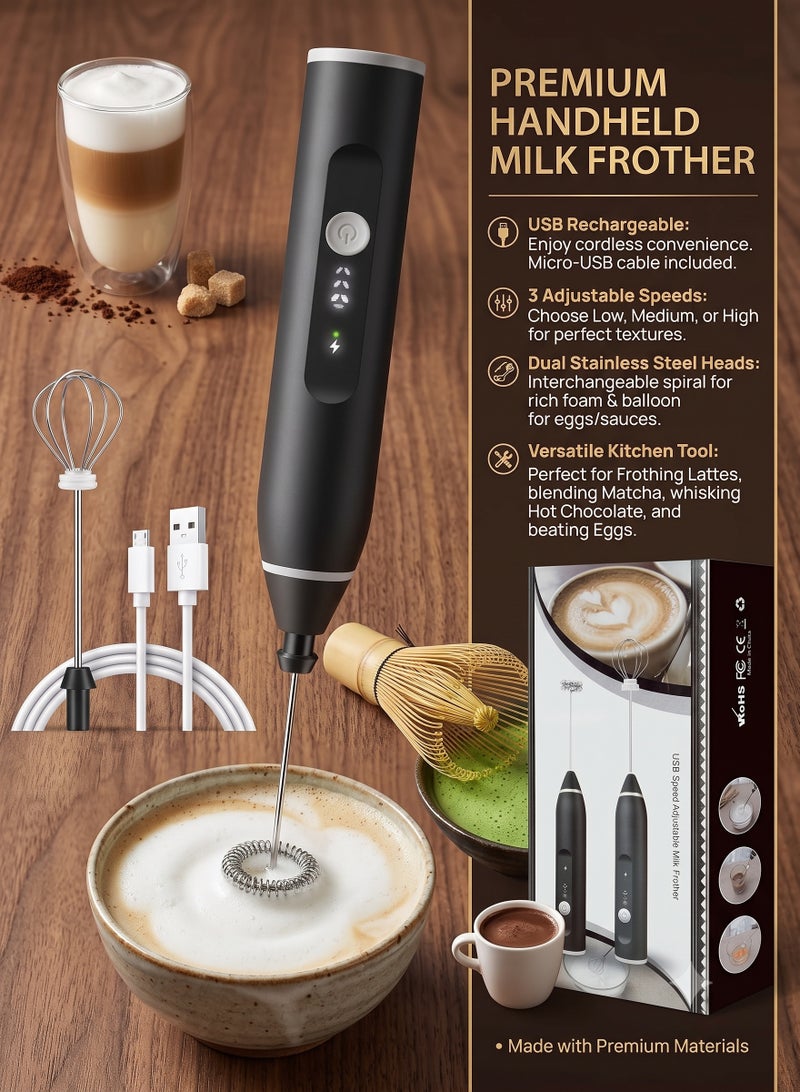 BGM Premium Handheld Milk Frother – USB Rechargeable Coffee Whisk, 3 Adjustable Speeds, Dual Stainless Steel Heads for Frothing, Matcha, Hot Chocolate & Eggs - Image 2