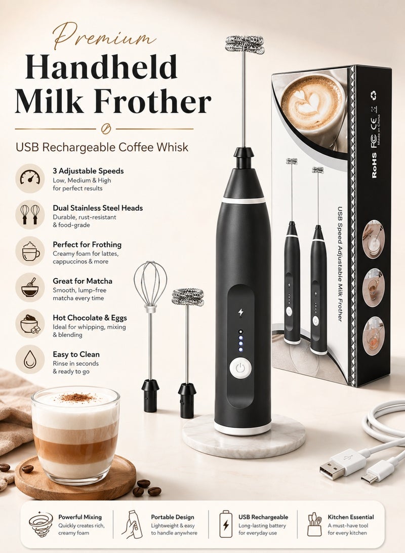 BGM Premium Handheld Milk Frother – USB Rechargeable Coffee Whisk, 3 Adjustable Speeds, Dual Stainless Steel Heads for Frothing, Matcha, Hot Chocolate & Eggs - Image 1