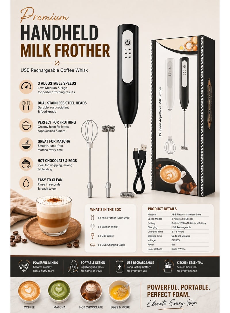 BGM Premium Handheld Milk Frother – USB Rechargeable Coffee Whisk, 3 Adjustable Speeds, Dual Stainless Steel Heads for Frothing, Matcha, Hot Chocolate & Eggs - Image 1