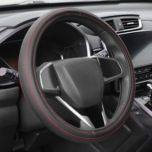 Auto Dynasty Car Steering Wheel Cover Microfiber Leather Steering Wheel Covers Protector with AntiSlip Inner Lining Universal 145 to 15 Inch Car Interior Accessories Red Stitching - Image 1