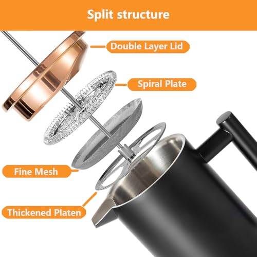 Meelio Black French Press Stainless Steel 34oz, Double Wall Insulated Coffee Press 1L for travel camping with 2 Extra Filter Screens and 1 Coffee Spoon（8cup 1000ml） - Image 3