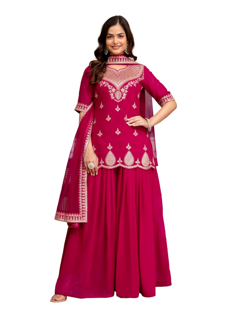 TRENDMALLS Women's Georgette Embroidery Kurta Palazzo Set with Dupatta (G314-Pink-XL) - Image 1