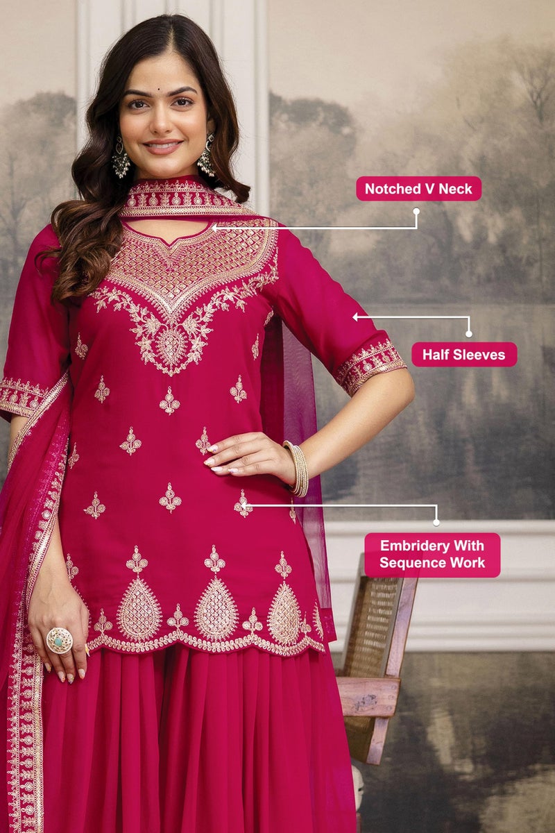 TRENDMALLS Women's Georgette Embroidery Kurta Palazzo Set with Dupatta (G314-Pink-XL) - Image 4