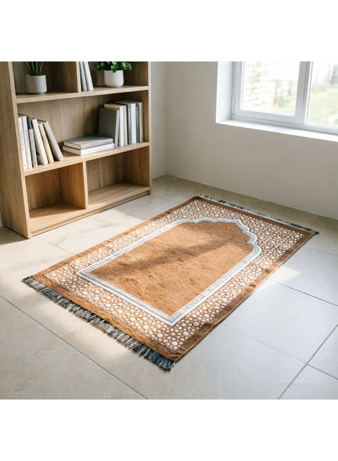 Chenille Prayer Mat 3-Piece Set with Tasbih & Cylinder Gift Box, Multi-Color Jacquard Islamic Design - Image 3