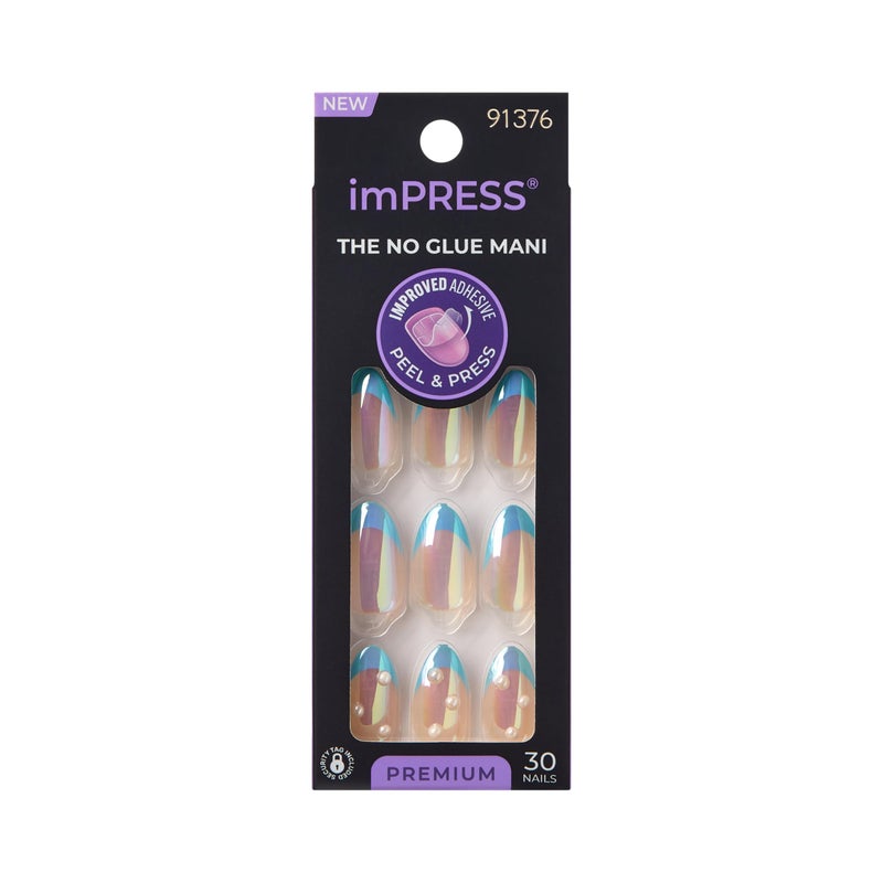 Impress KISS imPRESS No Glue Mani Press On Nails, Premium, 'Best Life', Blue, Medium Size, Almond Shape, Includes 30 Nails, Prep Pad, Instructions Sheet, 1 Manicure Stick, 1 Mini File - Image 1