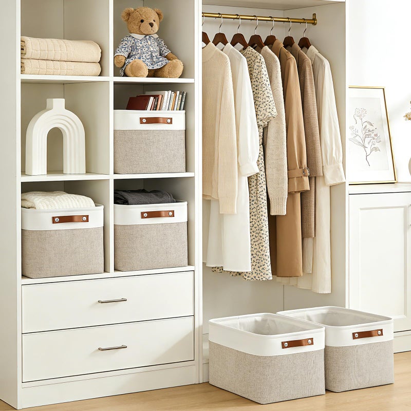 Bagnizer Storage Bins Large Fabric Storage Baskets for Shelves 3 Pack, Decorative Linen Closet Baskets with Handles for Organizing, Shelf, Clothes, Home, Office, 15x11x9.5Inches (Beige&White) - Image 2