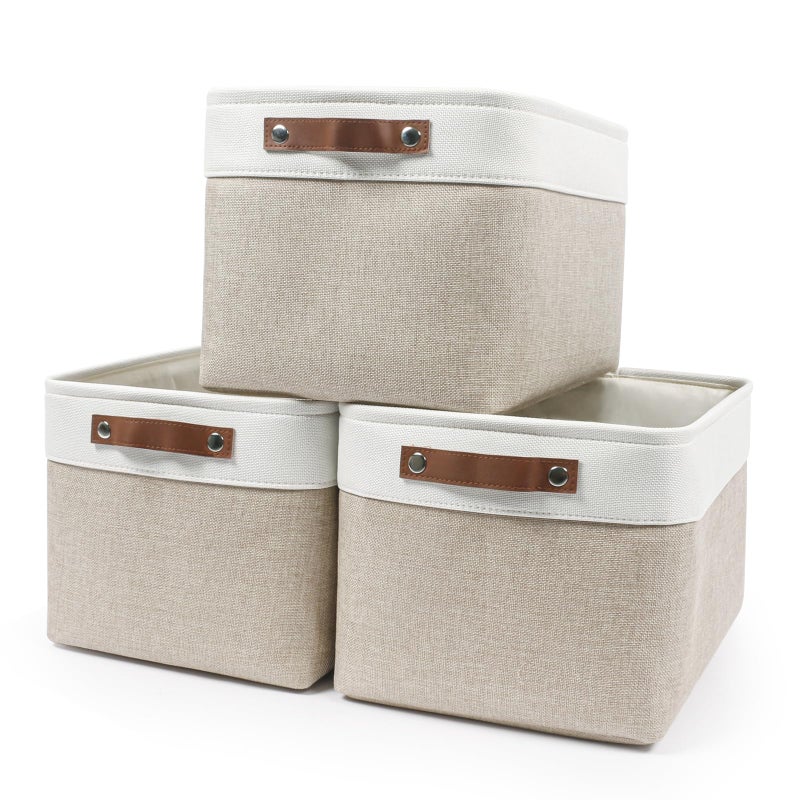 Bagnizer Storage Bins Large Fabric Storage Baskets for Shelves 3 Pack, Decorative Linen Closet Baskets with Handles for Organizing, Shelf, Clothes, Home, Office, 15x11x9.5Inches (Beige&White) - Image 1