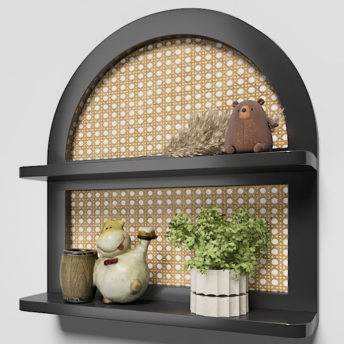 Wood Boho Rattan Wall Shelf 2Tier Arched Wicker Floating Shelf Black Wood New Boho Shelf Rustic Farmhouse Nursery Decor Shelves Wall Mounted Neutral Handcrafted 16l Natural Rattan Shelf