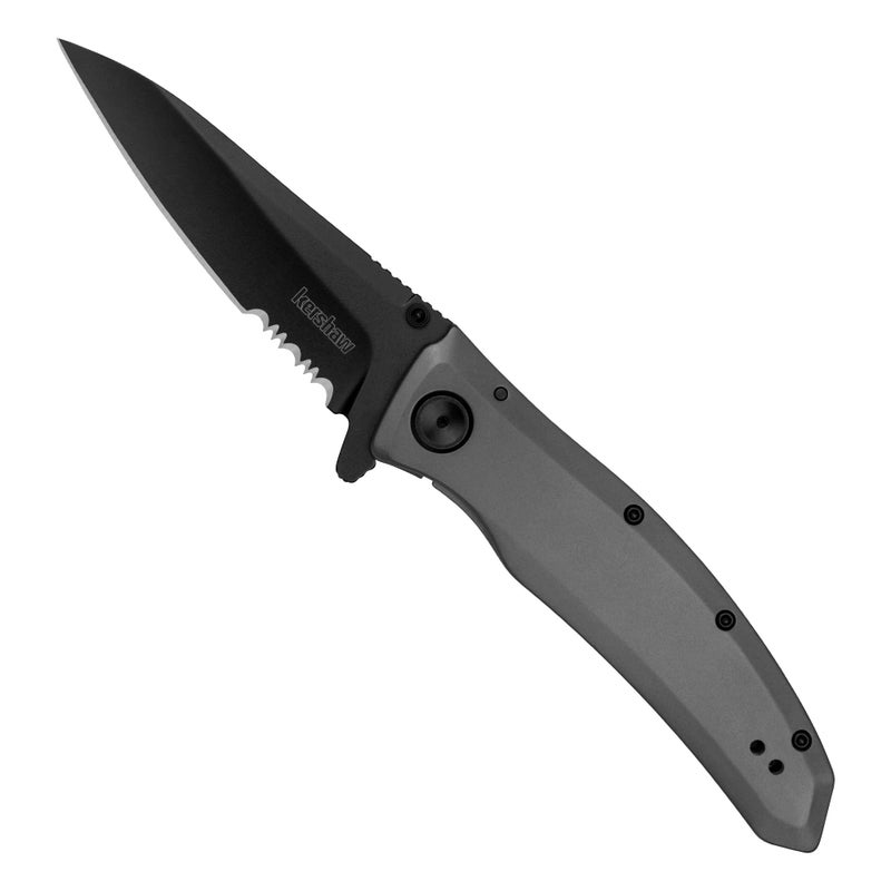 Kershaw Grid Folding Pocket Knife, 3.7 inch Black Serrated Blade, Steel Handle, Pocketclip - Image 2
