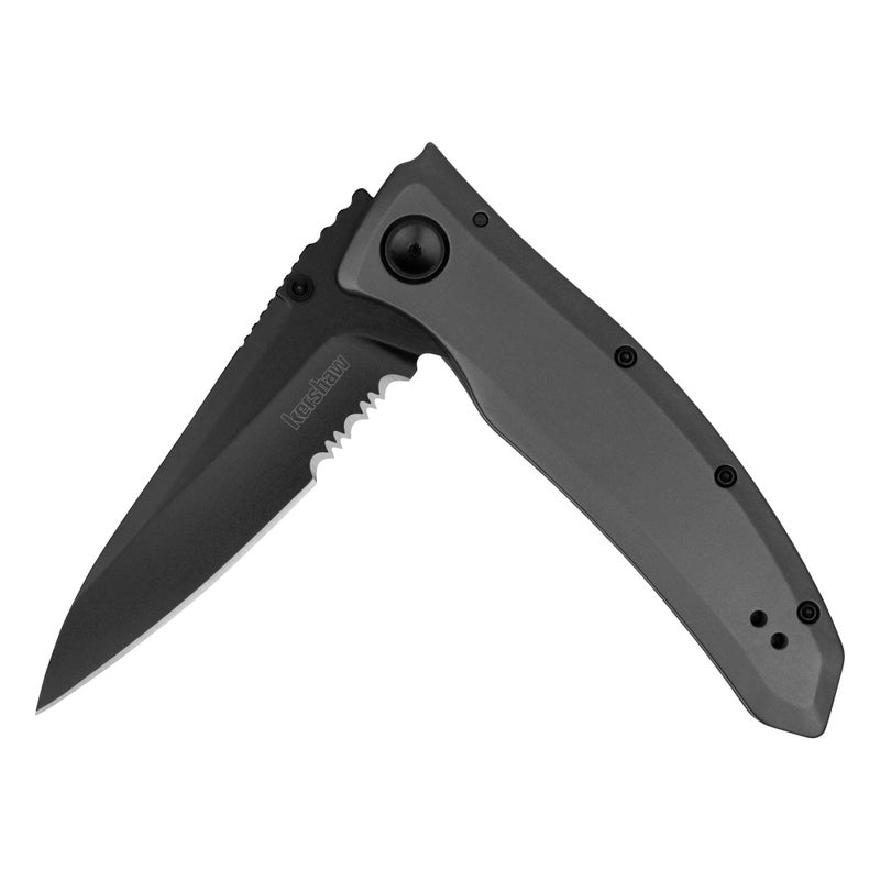 Kershaw Grid Folding Pocket Knife, 3.7 inch Black Serrated Blade, Steel Handle, Pocketclip - Image 1