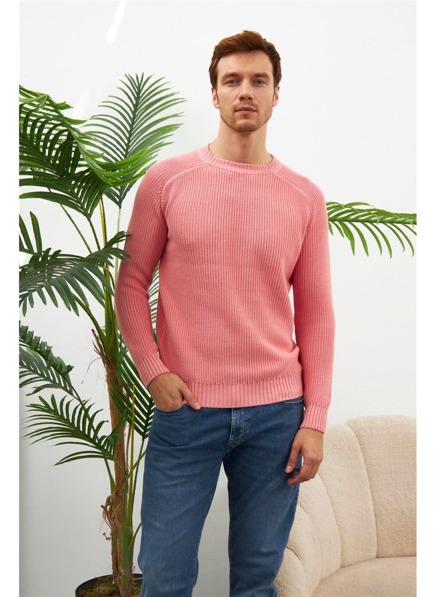 Odelon - Crew Neck Selanik Knitted Cotton Men's Pink Knitwear Sweater - Image 1