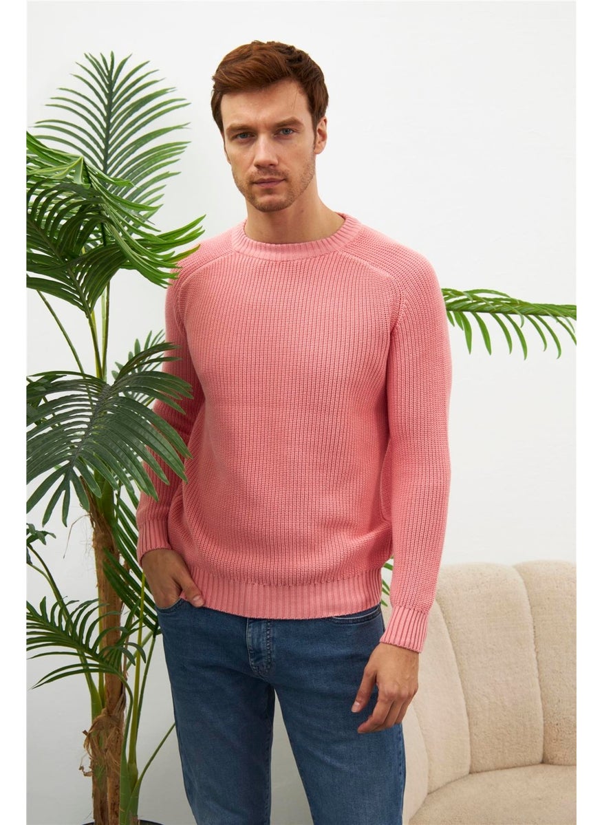 Odelon - Crew Neck Selanik Knitted Cotton Men's Pink Knitwear Sweater - Image 1