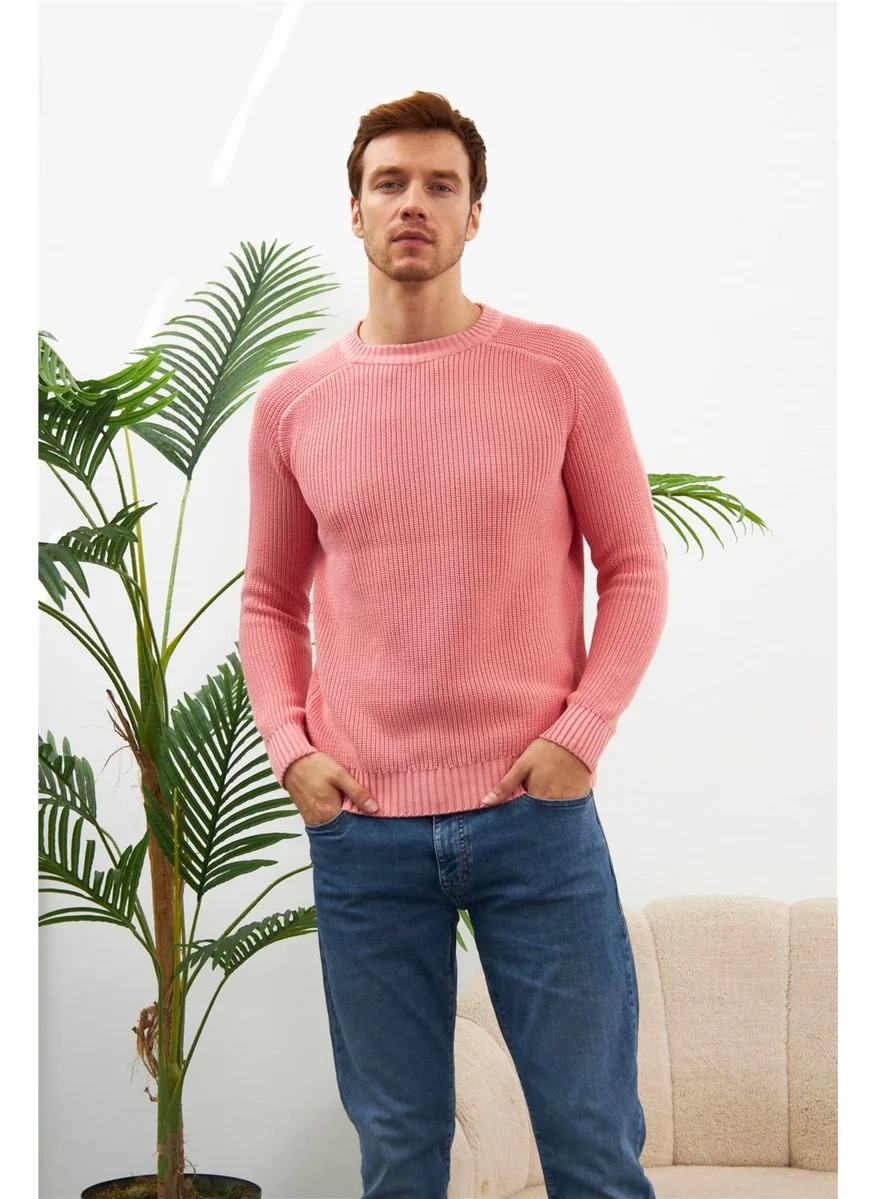 Odelon Crew Neck Selanik Knitted Cotton Men's Pink Knitwear Sweater