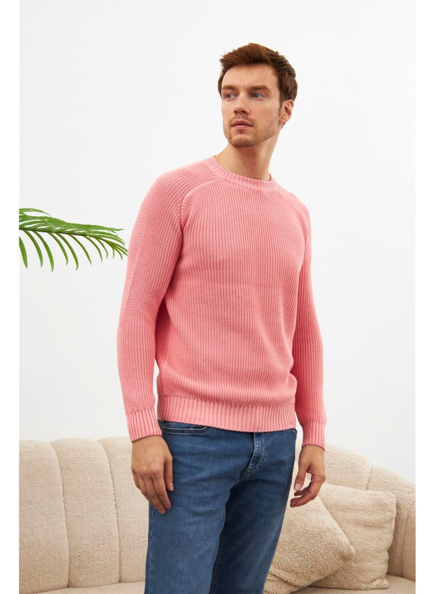 Odelon - Crew Neck Selanik Knitted Cotton Men's Pink Knitwear Sweater - Image 1