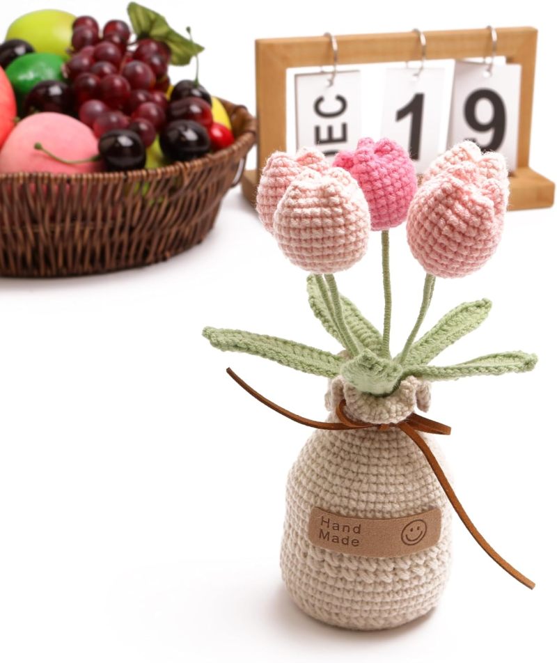 Crochet Tulips 7x7x17cm Gradual Change Of Orange Handwoven Flowers - Fine Artisan Craftsmanship Eco-Friendly Materials For Home Decor Office Ornaments Birthday Gifts - Image 3