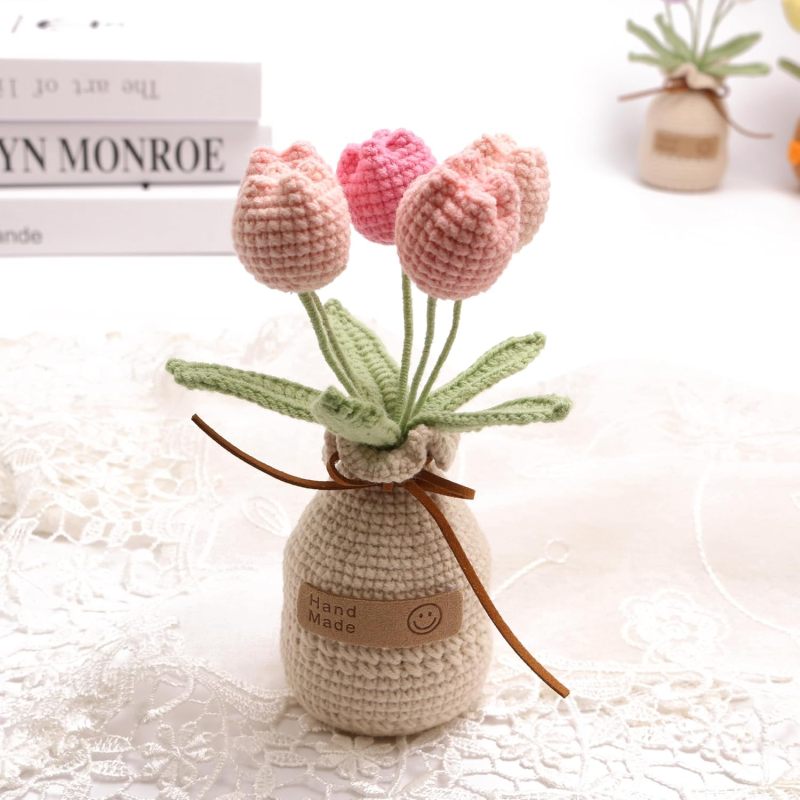 Crochet Tulips 7x7x17cm Gradual Change Of Orange Handwoven Flowers - Fine Artisan Craftsmanship Eco-Friendly Materials For Home Decor Office Ornaments Birthday Gifts - Image 4