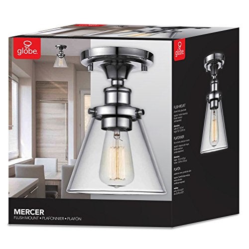 GLOBE Electric 65726 1-Light Flush Mount Ceiling Light, Clear Glass Shade, Chrome Finish, Bedroom Lighting Fixtures Ceiling, Dining Room Fixture, Timeless, Lighting for Hallway or Dining Room - Image 2